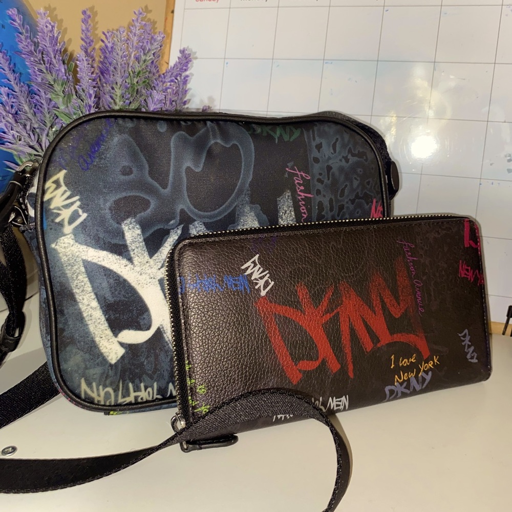 DKNY combo graffiti crossbody bag + wallet